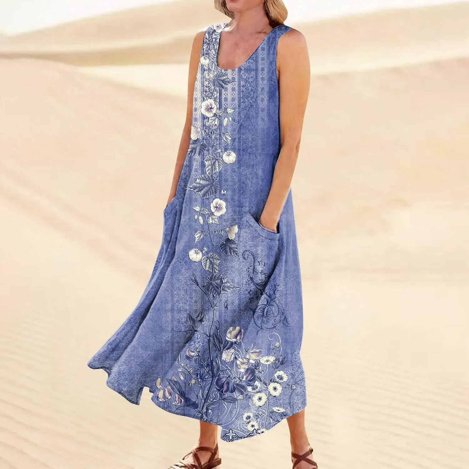 HXHYQKP Plus Size Sundresses for Curvy Women Casual Linen Dress Sleeveless Cotton Linen Pocket Sundress