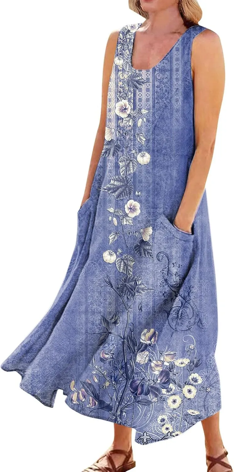 HXHYQKP Plus Size Sundresses for Curvy Women Casual Linen Dress Sleeveless Cotton Linen Pocket Sundress