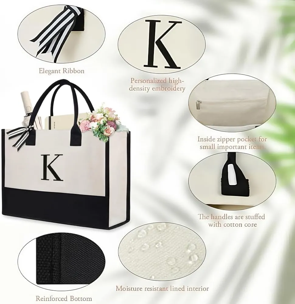 Initial Canvas Beach Bag, Canvas Tote Bag, Work Tote Bag, Reusable Grocery Bags, Personalized Gifts for Mom Friends