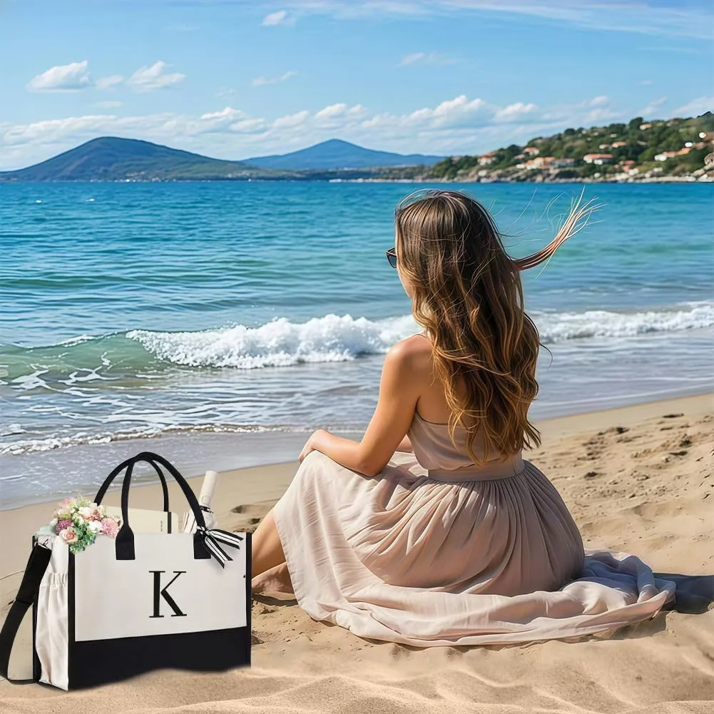 Initial Canvas Beach Bag, Canvas Tote Bag, Work Tote Bag, Reusable Grocery Bags, Personalized Gifts for Mom Friends