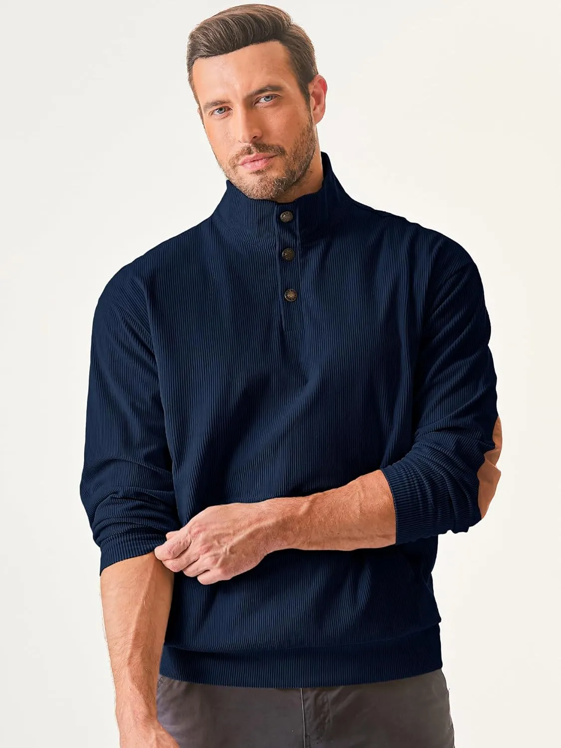 JMIERR Men's Corduroy Sweatshirt Casual Long Sleeve Stand Collar Button Pullover Sweatshirts with Pockets