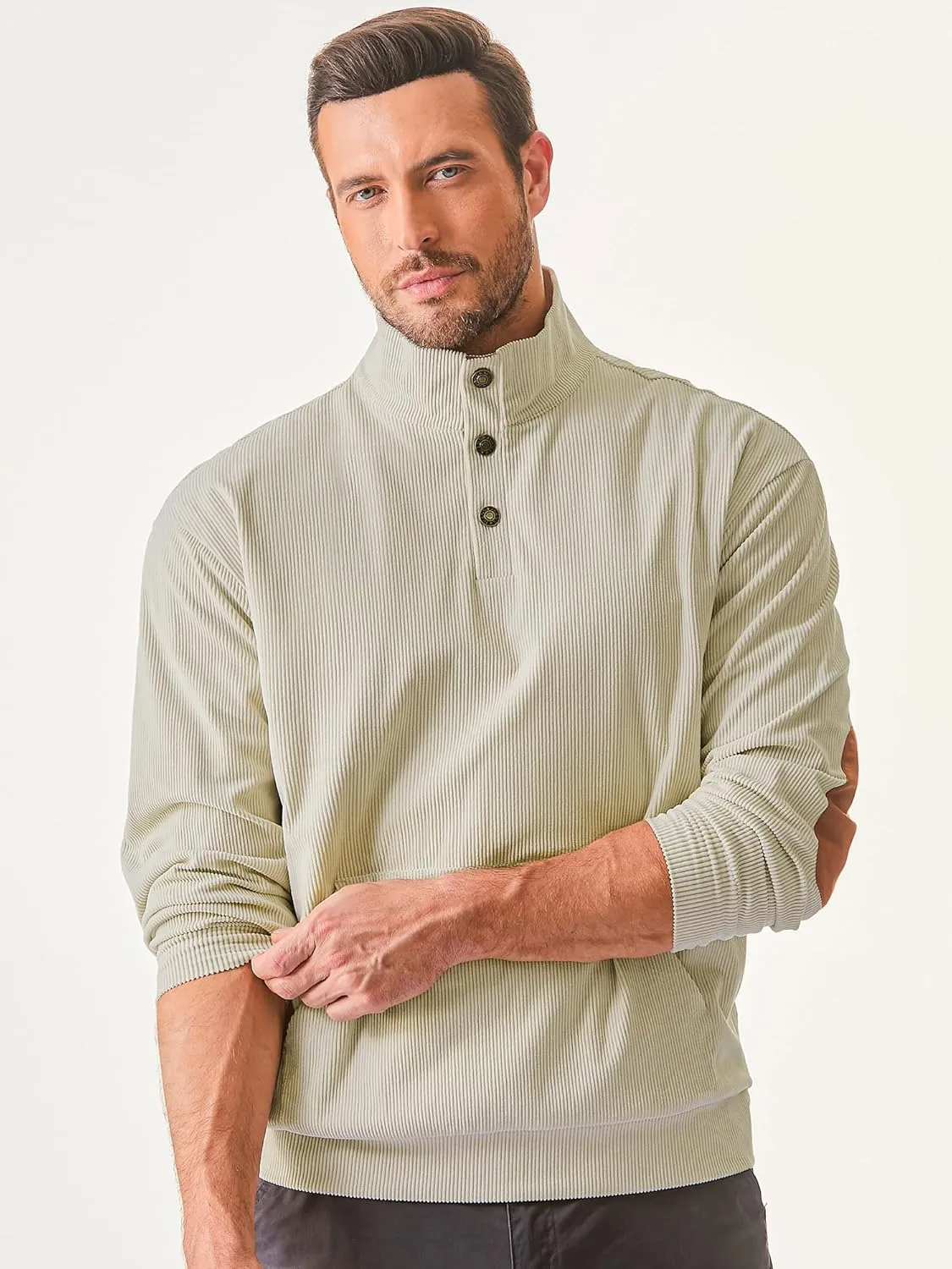 JMIERR Men's Corduroy Sweatshirt Casual Long Sleeve Stand Collar Button Pullover Sweatshirts with Pockets