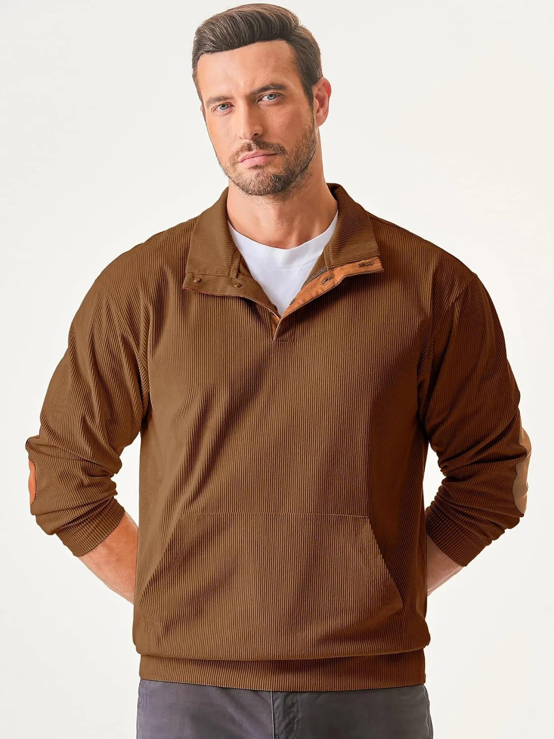 JMIERR Men's Corduroy Sweatshirt Casual Long Sleeve Stand Collar Button Pullover Sweatshirts with Pockets