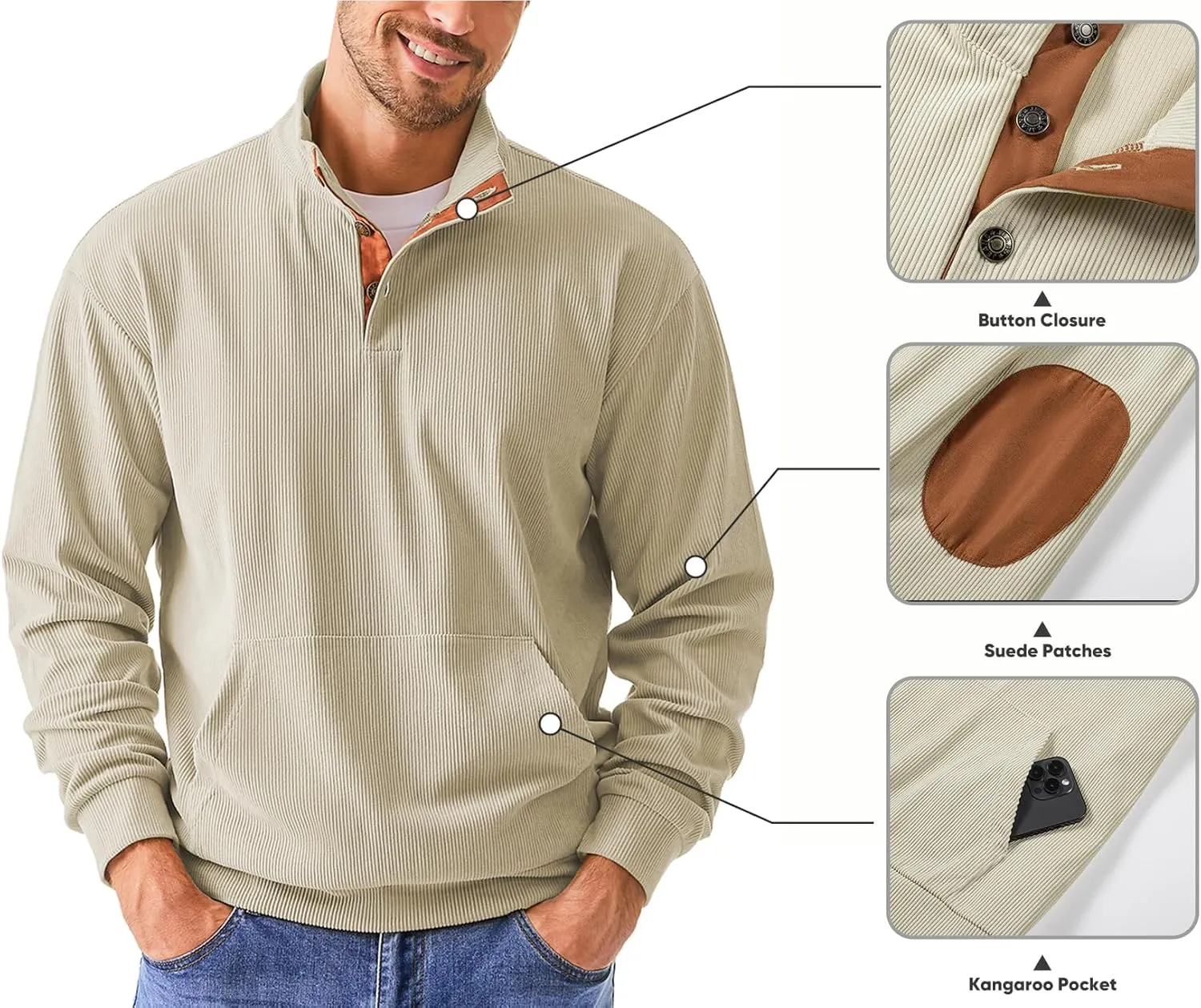 JMIERR Men's Corduroy Sweatshirt Casual Long Sleeve Stand Collar Button Pullover Sweatshirts with Pockets