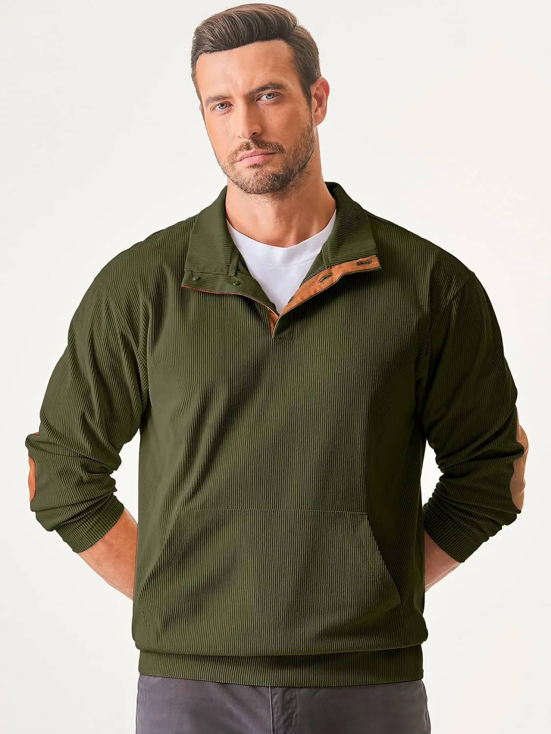 JMIERR Men's Corduroy Sweatshirt Casual Long Sleeve Stand Collar Button Pullover Sweatshirts with Pockets