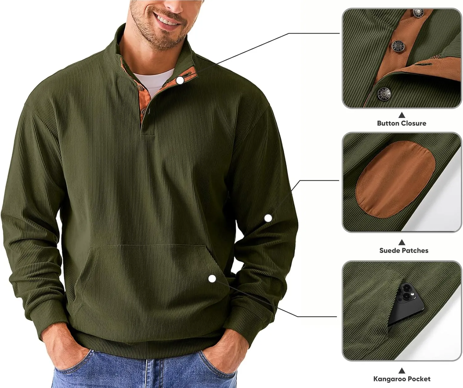 JMIERR Men's Corduroy Sweatshirt Casual Long Sleeve Stand Collar Button Pullover Sweatshirts with Pockets