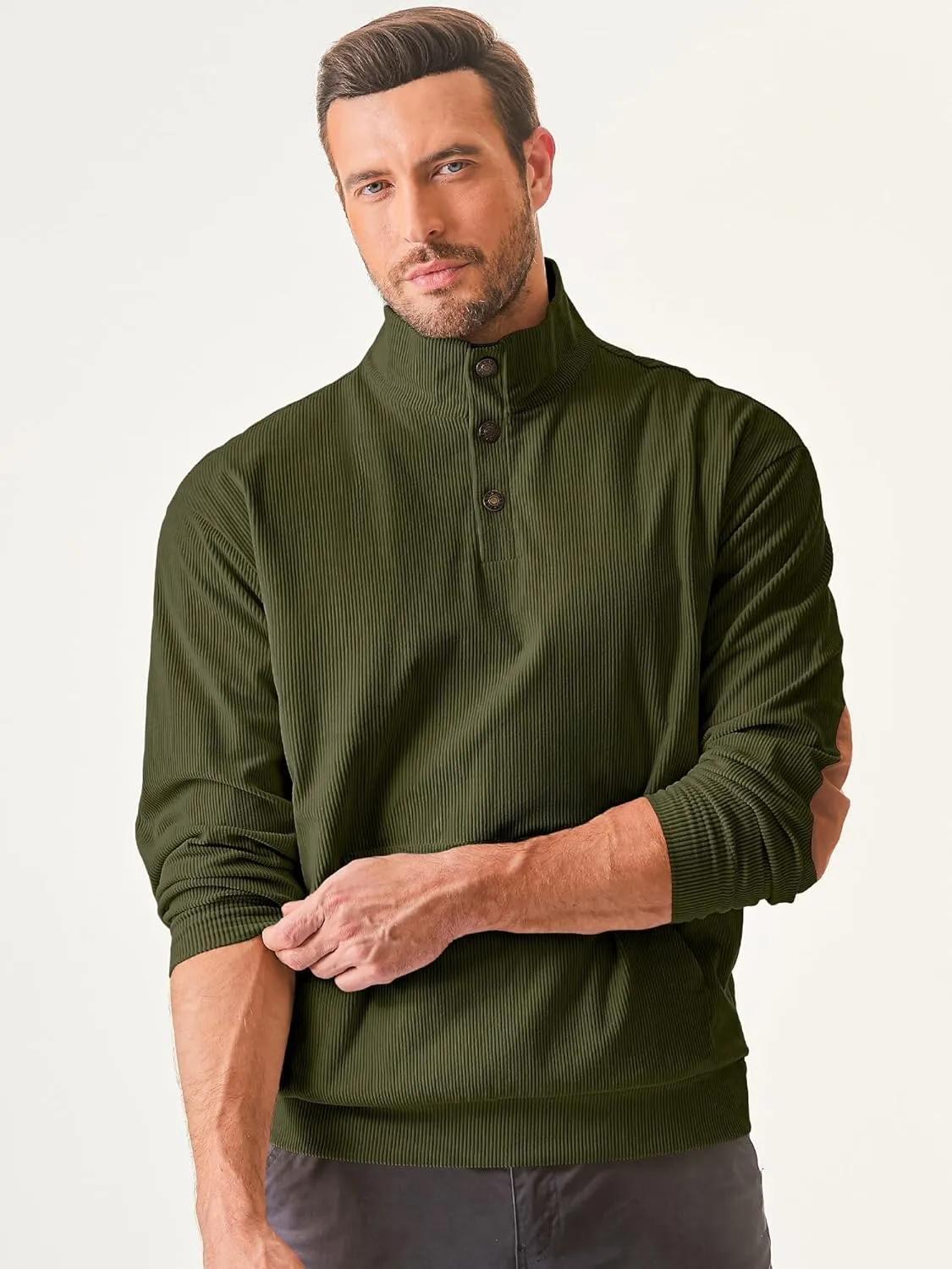 JMIERR Men's Corduroy Sweatshirt Casual Long Sleeve Stand Collar Button Pullover Sweatshirts with Pockets