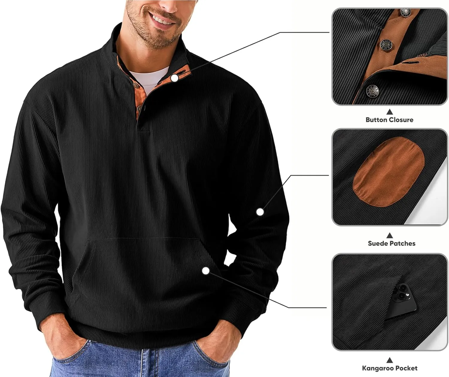 JMIERR Men's Corduroy Sweatshirt Casual Long Sleeve Stand Collar Button Pullover Sweatshirts with Pockets