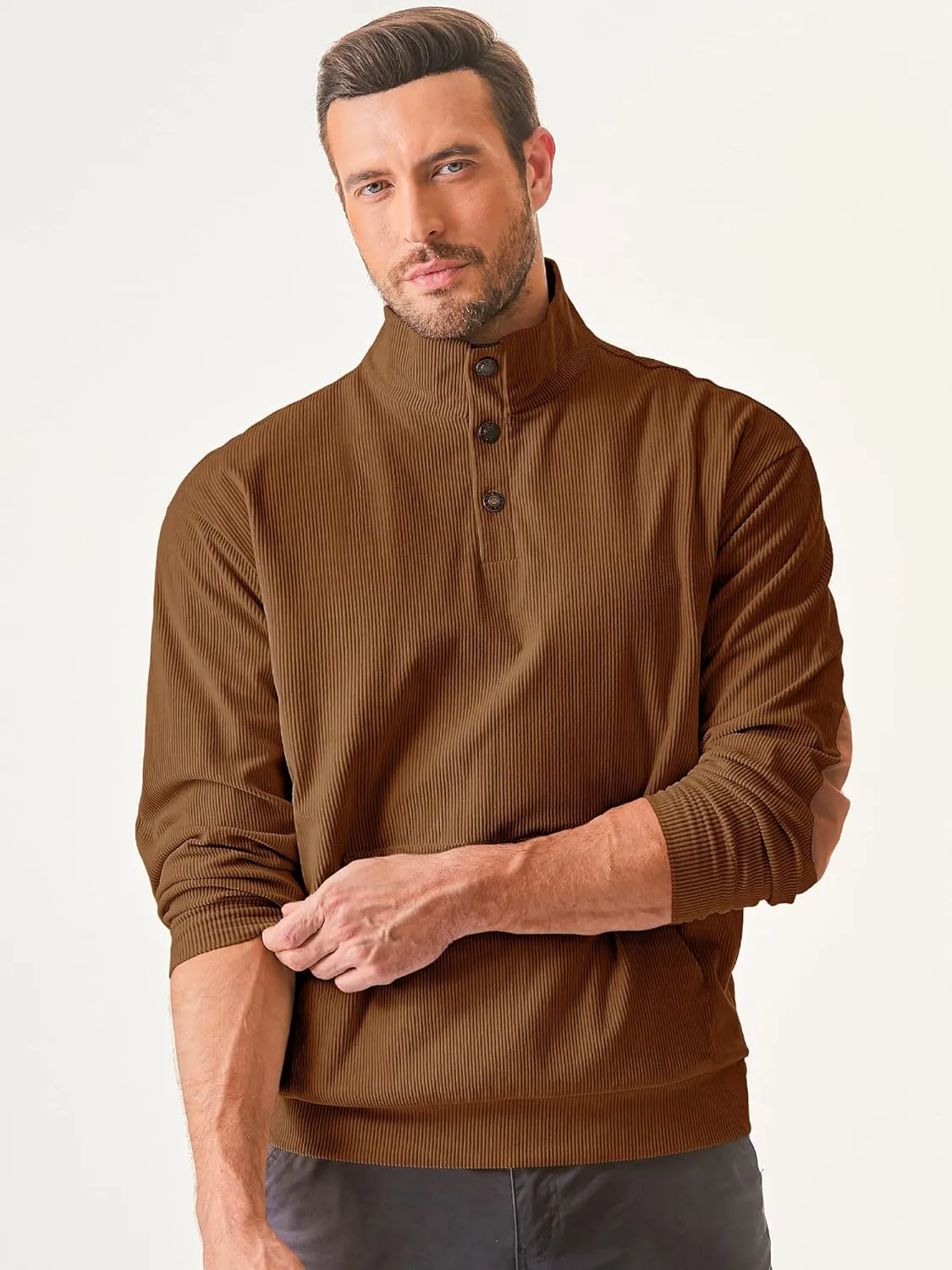 JMIERR Men's Corduroy Sweatshirt Casual Long Sleeve Stand Collar Button Pullover Sweatshirts with Pockets