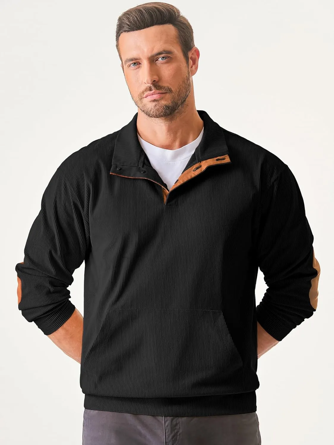 JMIERR Men's Corduroy Sweatshirt Casual Long Sleeve Stand Collar Button Pullover Sweatshirts with Pockets