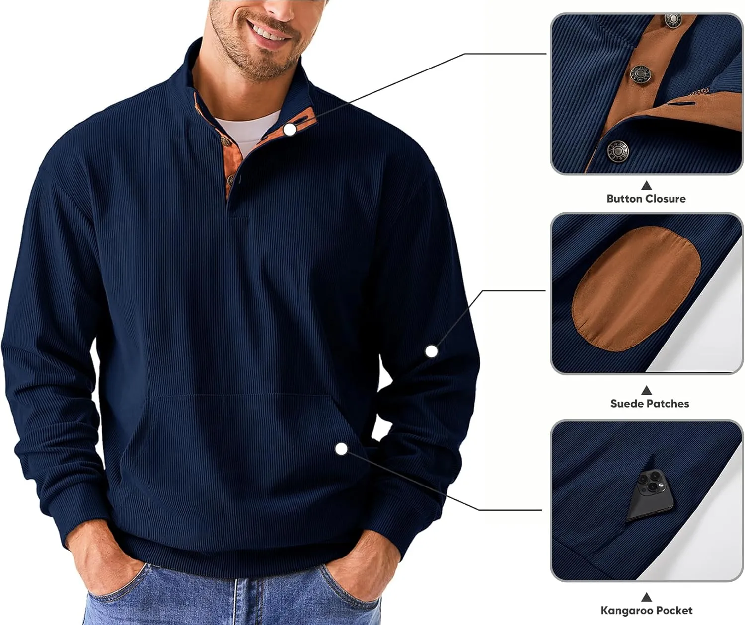 JMIERR Men's Corduroy Sweatshirt Casual Long Sleeve Stand Collar Button Pullover Sweatshirts with Pockets