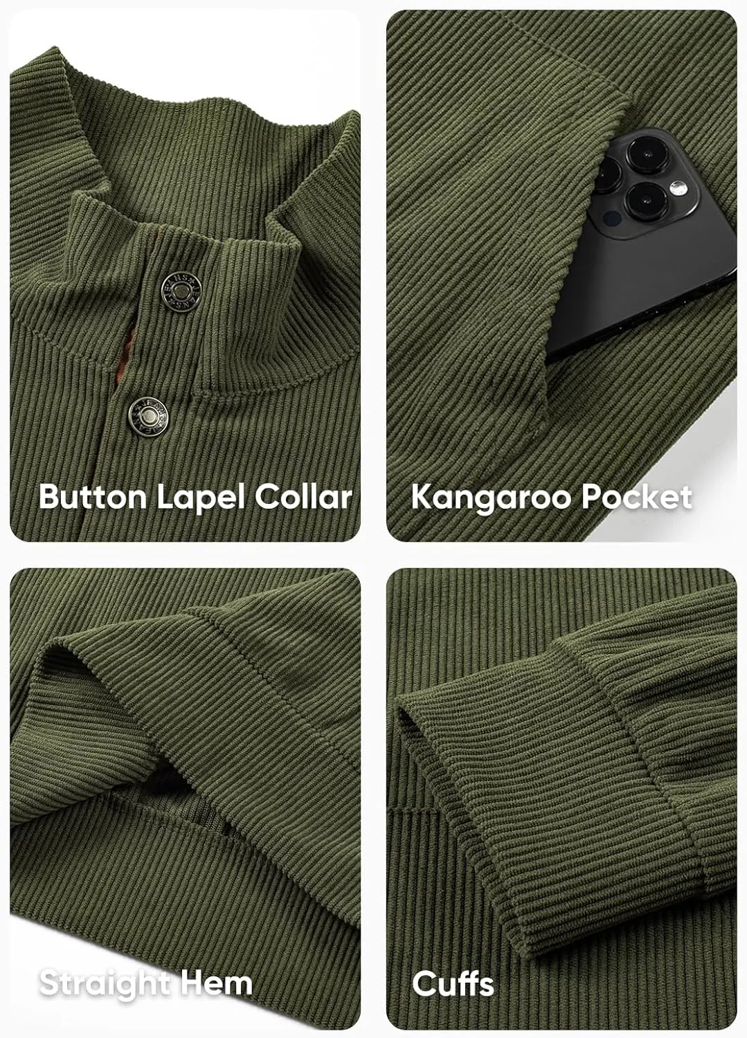 JMIERR Men's Corduroy Sweatshirt Casual Long Sleeve Stand Collar Button Pullover Sweatshirts with Pockets