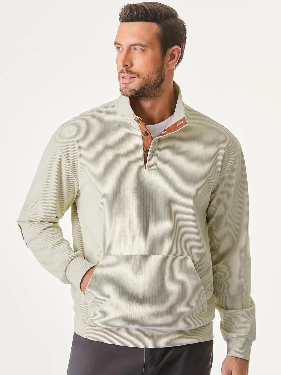 JMIERR Men's Corduroy Sweatshirt Casual Long Sleeve Stand Collar Button Pullover Sweatshirts with Pockets