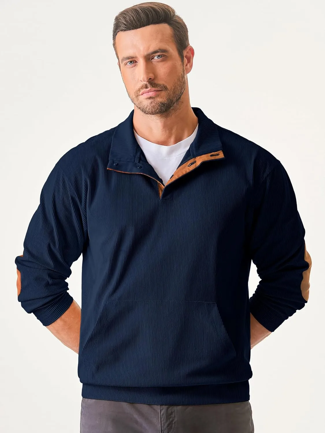 JMIERR Men's Corduroy Sweatshirt Casual Long Sleeve Stand Collar Button Pullover Sweatshirts with Pockets