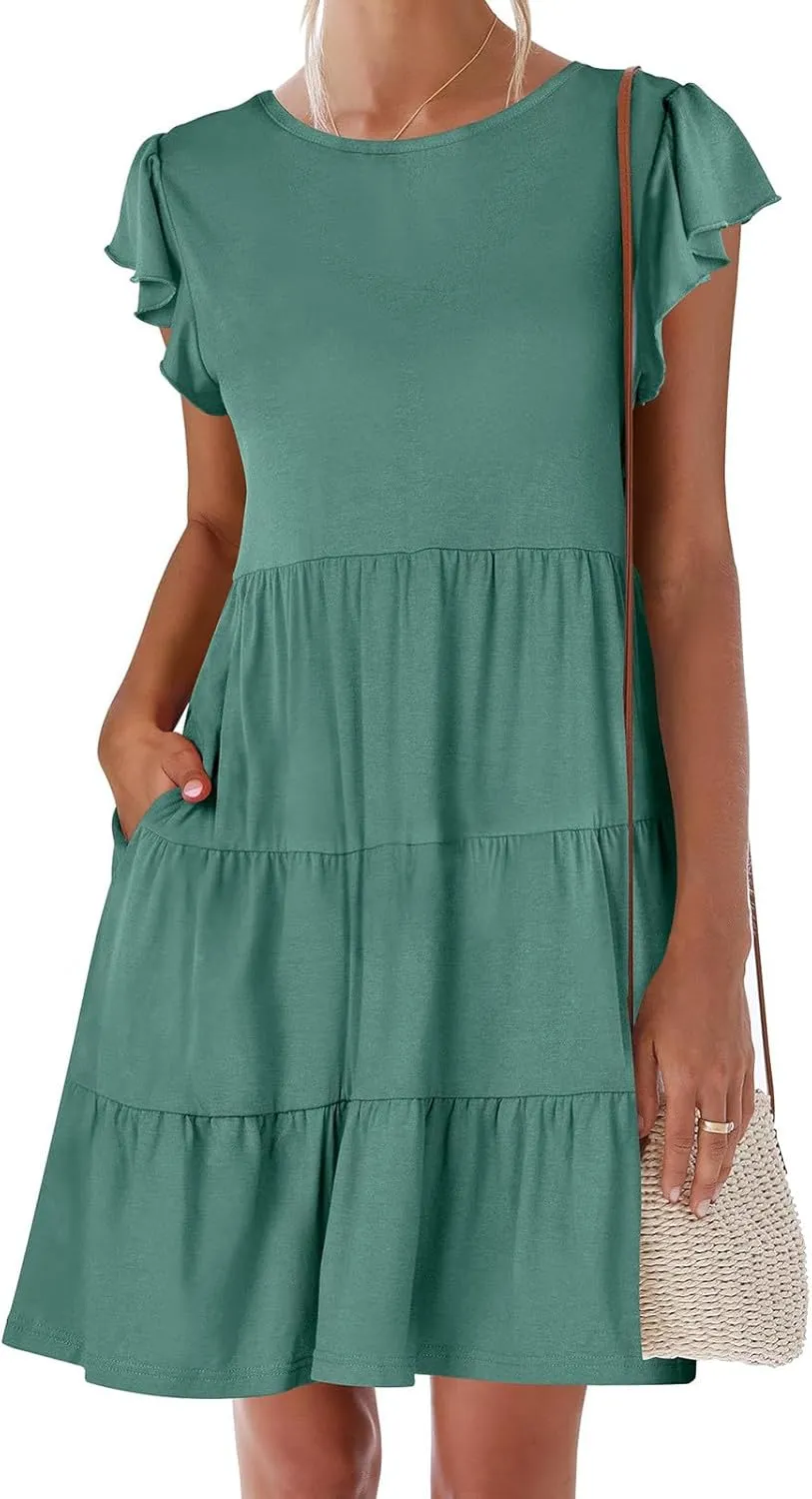 JOAU Women's Summer Dresses 2024 Casual Ruffle Cap Sleeve Crew Neck Mini Dress Loose Fit Tiered Swing A Line Short Dresses