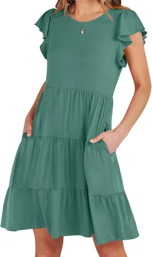 JOAU Women's Summer Dresses 2024 Casual Ruffle Cap Sleeve Crew Neck Mini Dress Loose Fit Tiered Swing A Line Short Dresses