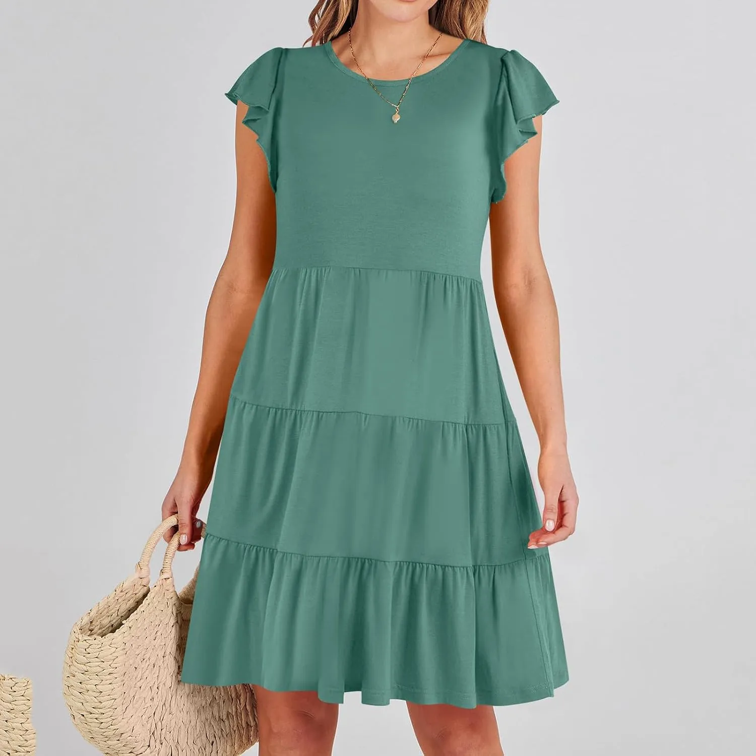 JOAU Women's Summer Dresses 2024 Casual Ruffle Cap Sleeve Crew Neck Mini Dress Loose Fit Tiered Swing A Line Short Dresses