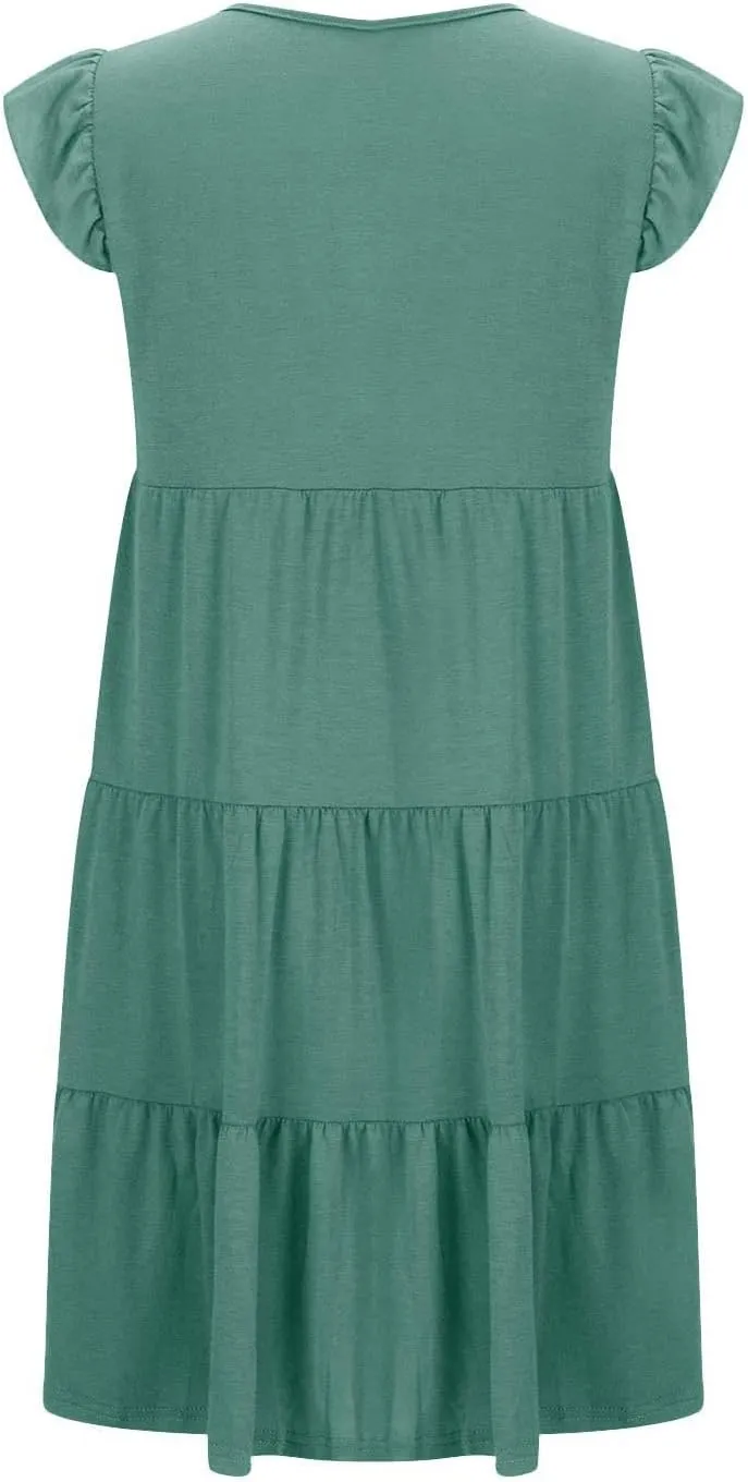 JOAU Women's Summer Dresses 2024 Casual Ruffle Cap Sleeve Crew Neck Mini Dress Loose Fit Tiered Swing A Line Short Dresses