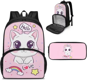 Kawaii Cat Backpack for Girls School Lunch Bag Cooler Backpack Insulated Waterproof Bookbag Pink Bookbag with Lunch Box Compartment and Pencil Case Set