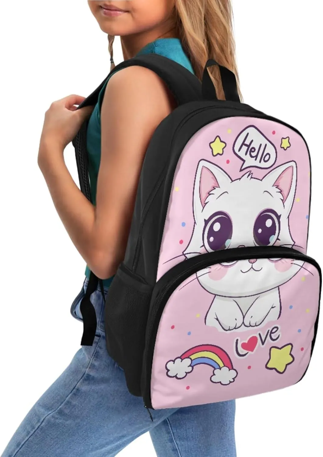 Kawaii Cat Backpack for Girls School Lunch Bag Cooler Backpack Insulated Waterproof Bookbag Pink Bookbag with Lunch Box Compartment and Pencil Case Set