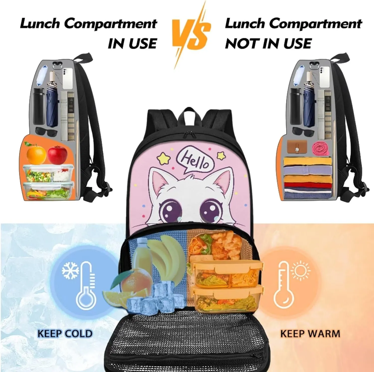 Kawaii Cat Backpack for Girls School Lunch Bag Cooler Backpack Insulated Waterproof Bookbag Pink Bookbag with Lunch Box Compartment and Pencil Case Set