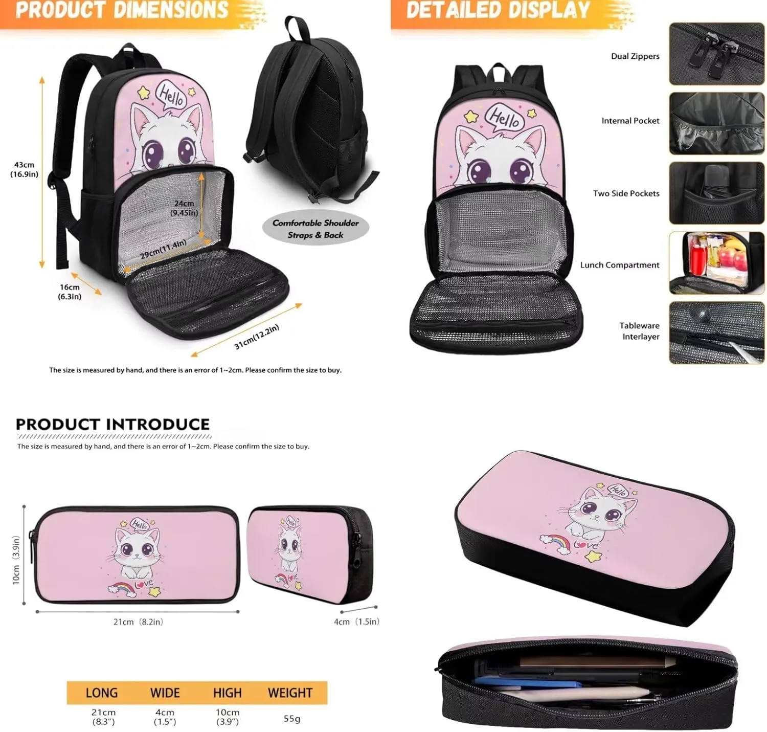 Kawaii Cat Backpack for Girls School Lunch Bag Cooler Backpack Insulated Waterproof Bookbag Pink Bookbag with Lunch Box Compartment and Pencil Case Set