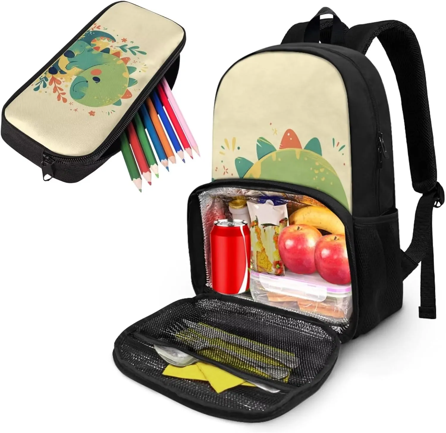 Kawaii Dinosaur Backpack for Kids Bookbag School Bag with Pencil Case for Girls Insulated Cooler Backpack Set Toddler Backpack for Boys Backpacks for Elementary with Lunch Box Compartment