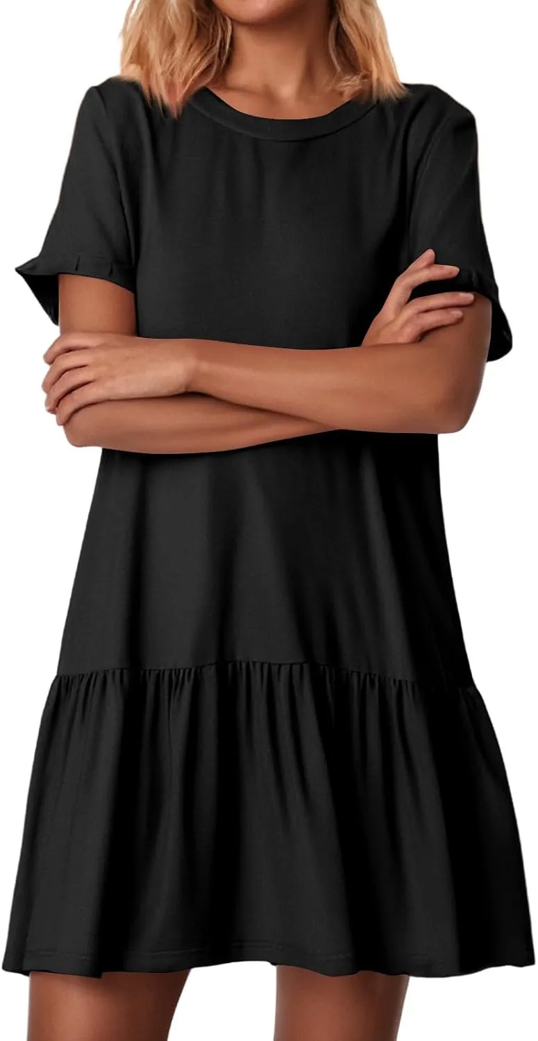 Kenvina Summer Dresses for Women 2025 T Shirt Dress Casual Short Sleeve Ruffle Hem Crewneck Loose Mini Dresses with Pockets
