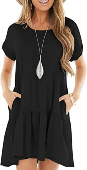 Kenvina Summer Dresses for Women 2025 T Shirt Dress Casual Short Sleeve Ruffle Hem Crewneck Loose Mini Dresses with Pockets