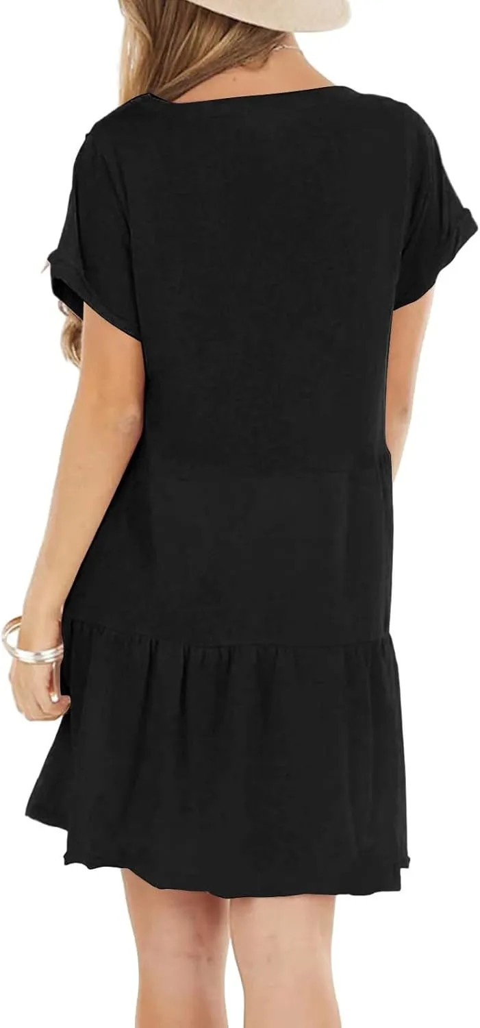 Kenvina Summer Dresses for Women 2025 T Shirt Dress Casual Short Sleeve Ruffle Hem Crewneck Loose Mini Dresses with Pockets