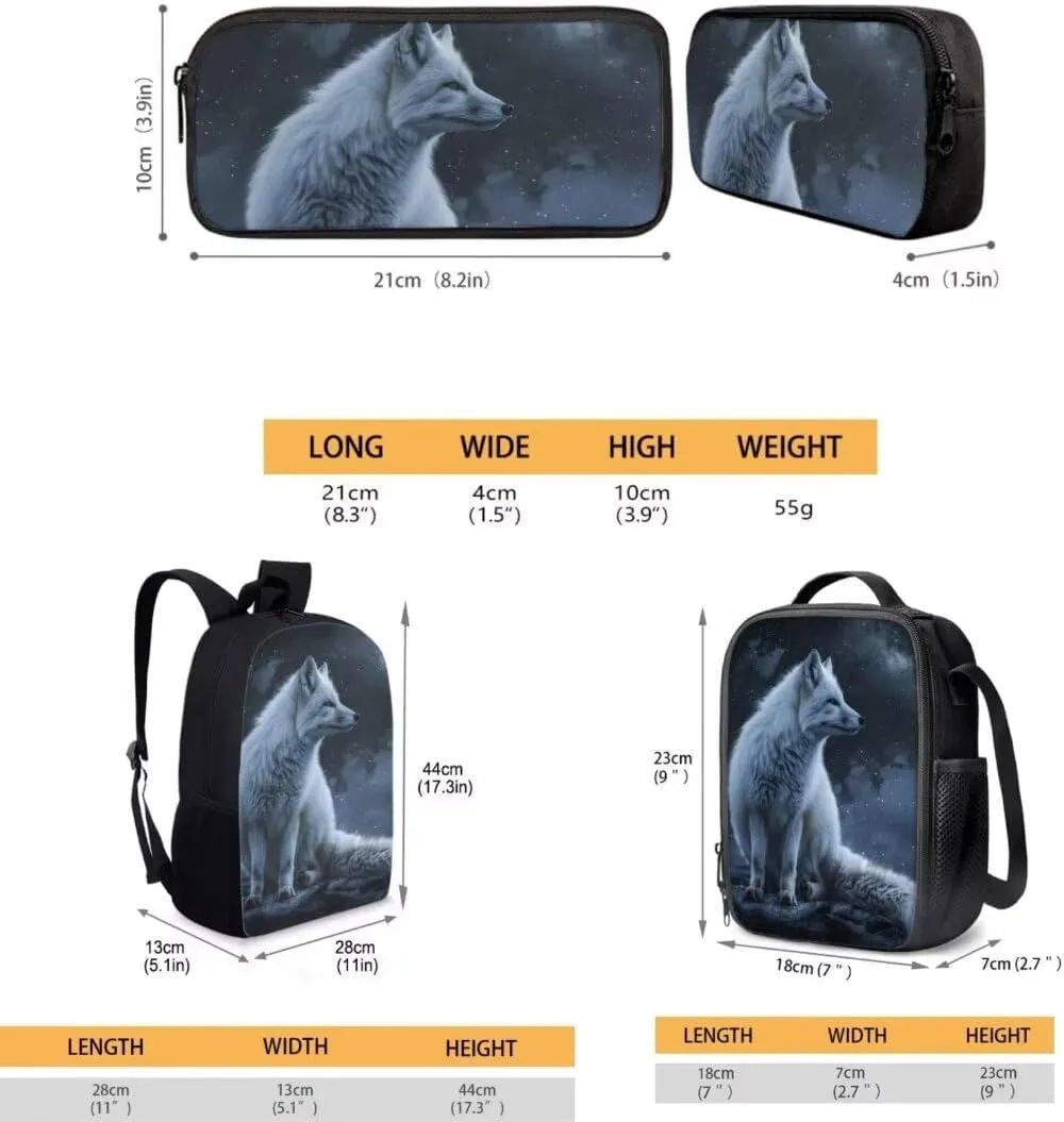 Kids Animal Backpack With Lunch Box And Pencil Case 17 Inch Arctic Fox Print Book Bag For Boys Girls Elementary School Bag