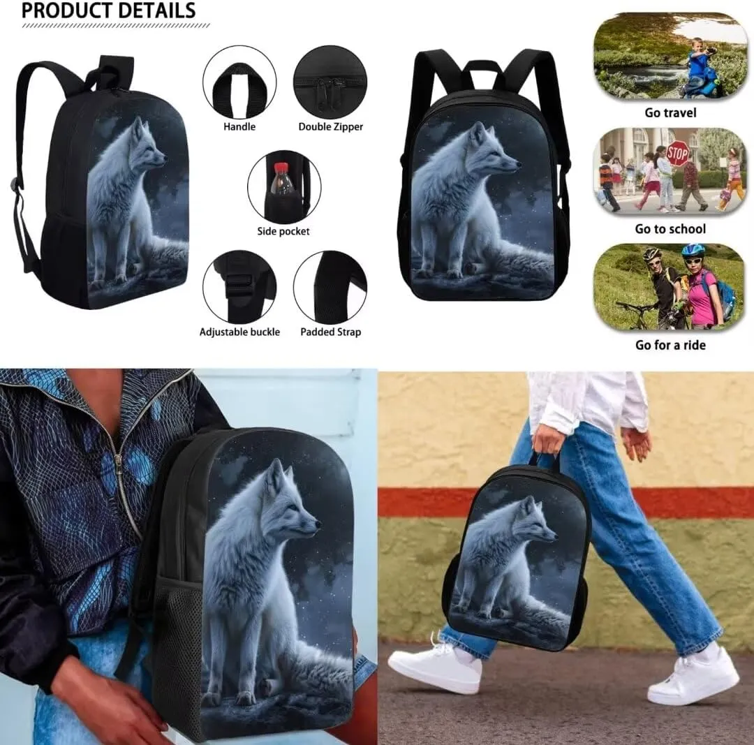 Kids Animal Backpack With Lunch Box And Pencil Case 17 Inch Arctic Fox Print Book Bag For Boys Girls Elementary School Bag
