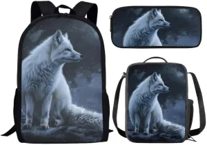 Kids Animal Backpack With Lunch Box And Pencil Case 17 Inch Arctic Fox Print Book Bag For Boys Girls Elementary School Bag