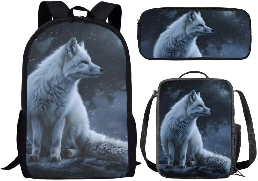 Kids Animal Backpack With Lunch Box And Pencil Case 17 Inch Arctic Fox Print Book Bag For Boys Girls Elementary School Bag