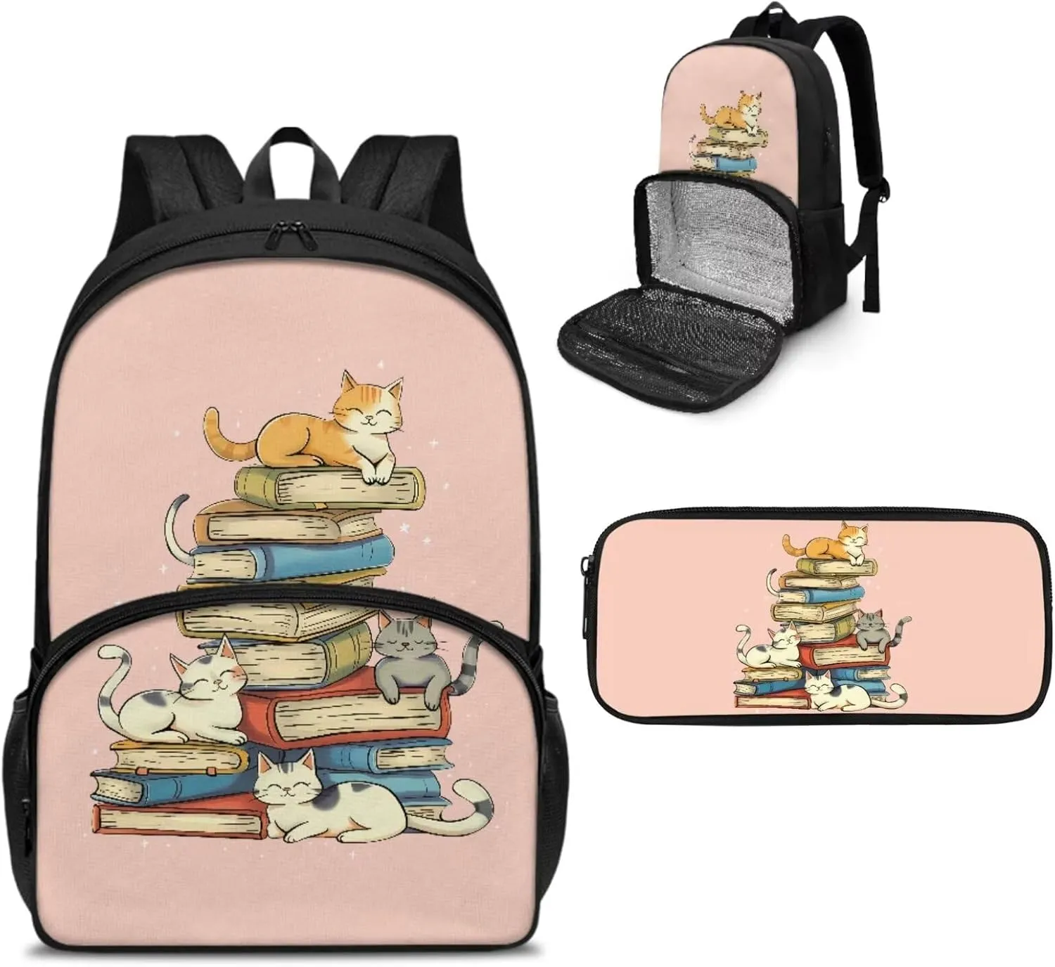 Kids Backpack Set with Lunch Box Compartment and Pencil Case Book Cat Backpack for School Primary Preschool Boys Girls, Children Teens School Bookbag, 2 in 1