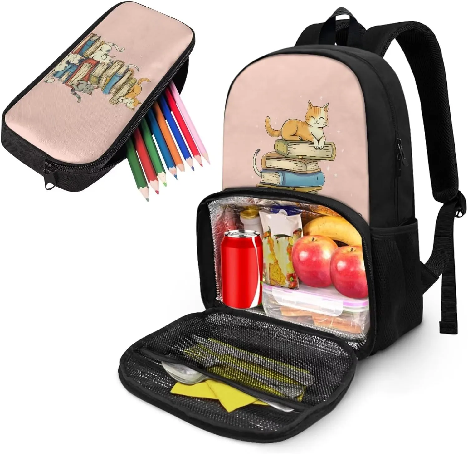 Kids Backpack Set with Lunch Box Compartment and Pencil Case Book Cat Backpack for School Primary Preschool Boys Girls, Children Teens School Bookbag, 2 in 1