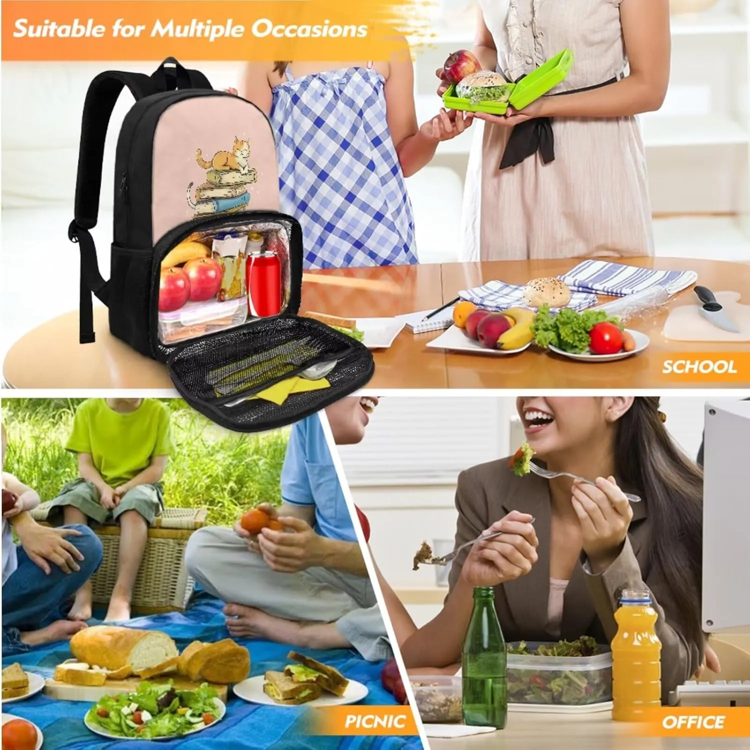 Kids Backpack Set with Lunch Box Compartment and Pencil Case Book Cat Backpack for School Primary Preschool Boys Girls, Children Teens School Bookbag, 2 in 1