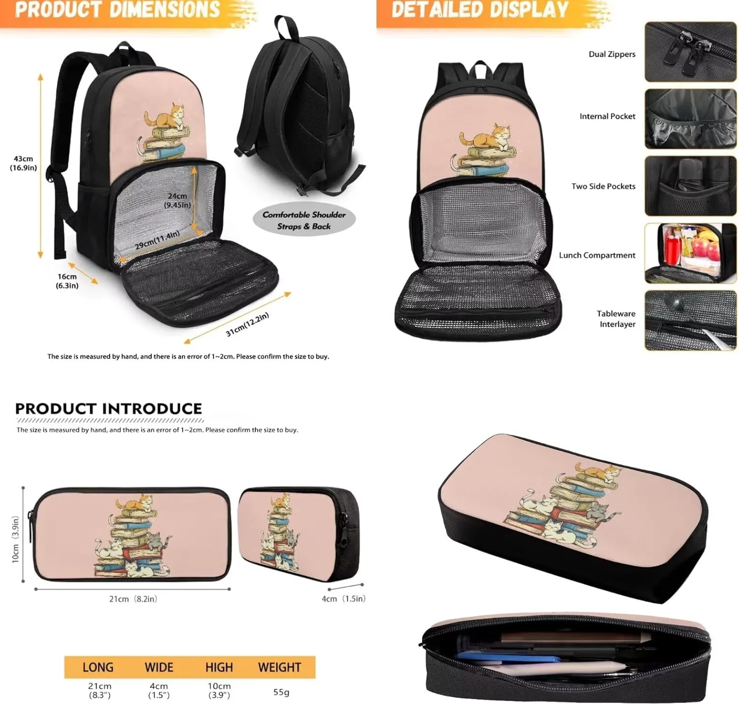 Kids Backpack Set with Lunch Box Compartment and Pencil Case Book Cat Backpack for School Primary Preschool Boys Girls, Children Teens School Bookbag, 2 in 1