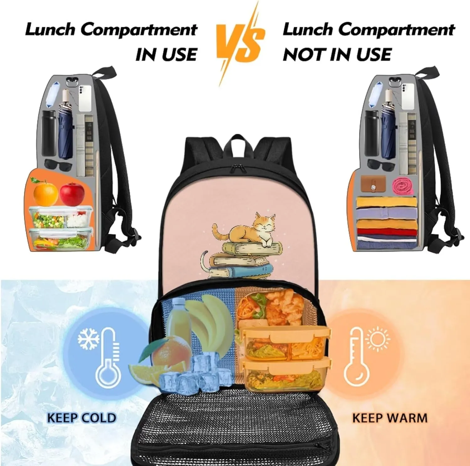 Kids Backpack Set with Lunch Box Compartment and Pencil Case Book Cat Backpack for School Primary Preschool Boys Girls, Children Teens School Bookbag, 2 in 1
