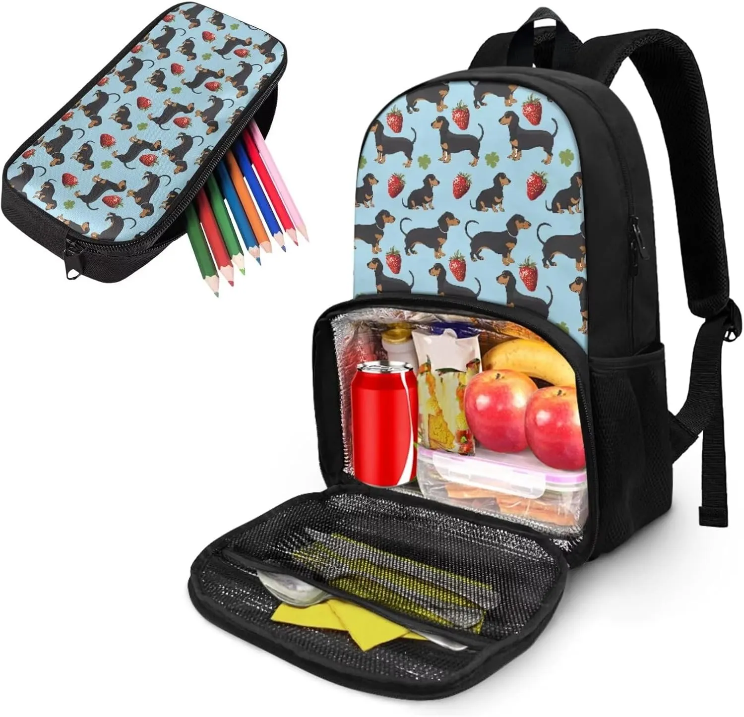 Kids Backpack Set with Lunch Compartment and Pencil Case Strawberry Dachshund Dog Backpack for School Primary Preschool Boys Girls, Children Teens School Bookbag, 2 in 1 Set