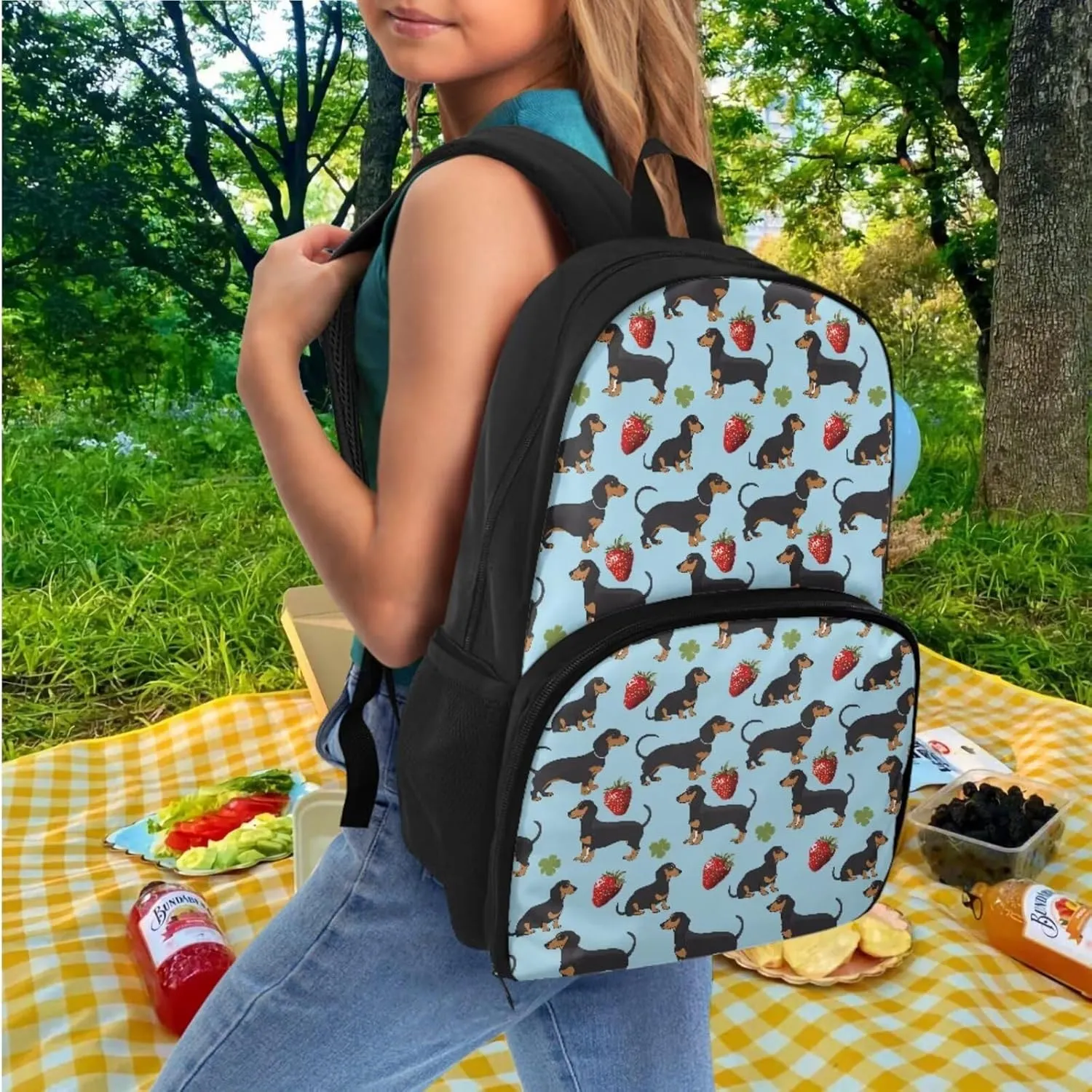 Kids Backpack Set with Lunch Compartment and Pencil Case Strawberry Dachshund Dog Backpack for School Primary Preschool Boys Girls, Children Teens School Bookbag, 2 in 1 Set