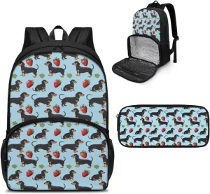 Kids Backpack Set with Lunch Compartment and Pencil Case Strawberry Dachshund Dog Backpack for School Primary Preschool Boys Girls, Children Teens School Bookbag, 2 in 1 Set