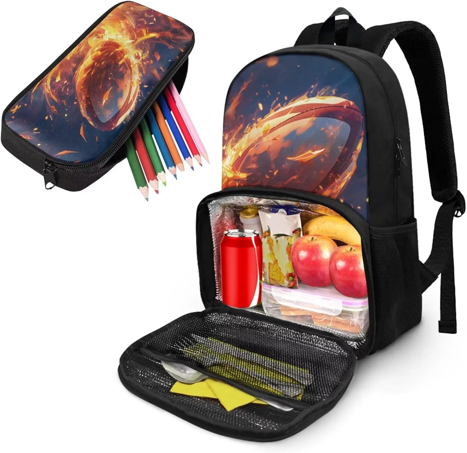 Kids Bookbag with Pencil Case Football Backpack for Boys Teens School Bag Set Lunch Backpack with Cooler Compartment