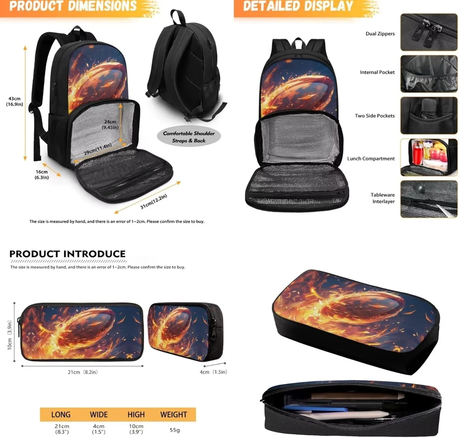 Kids Bookbag with Pencil Case Football Backpack for Boys Teens School Bag Set Lunch Backpack with Cooler Compartment