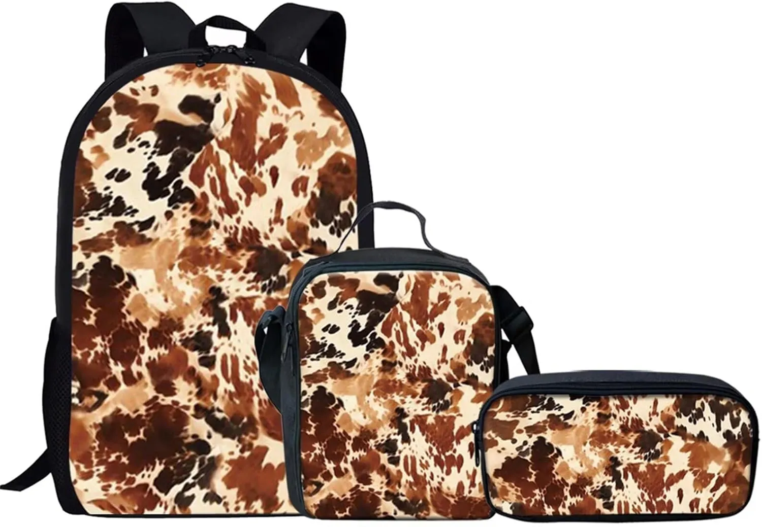 Kids Brown Cow Print Backpack Set for Girls Boys Cute Elementary School Bag Students Bookbag Insulated Lunch Box Pencil Case Set