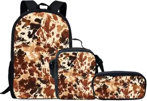 Kids Brown Cow Print Backpack Set for Girls Boys Cute Elementary School Bag Students Bookbag Insulated Lunch Box Pencil Case Set