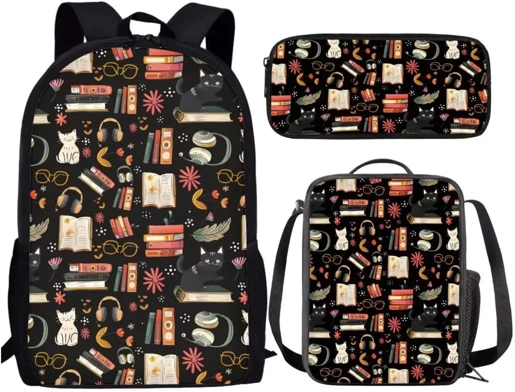 Kids Preschool Kindergarten Backpack Lightweight Cool Cats Books Black Student Bookbag With Lunch Bag For Boys Girls
