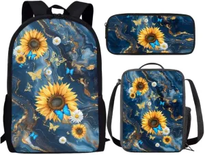 Kids Student Backpack With Lunch Bag And Pencil Case Butterfly Sunflowers Marbling Print Elementary Middle School Book Bag For Boys Girls 3pcs Set