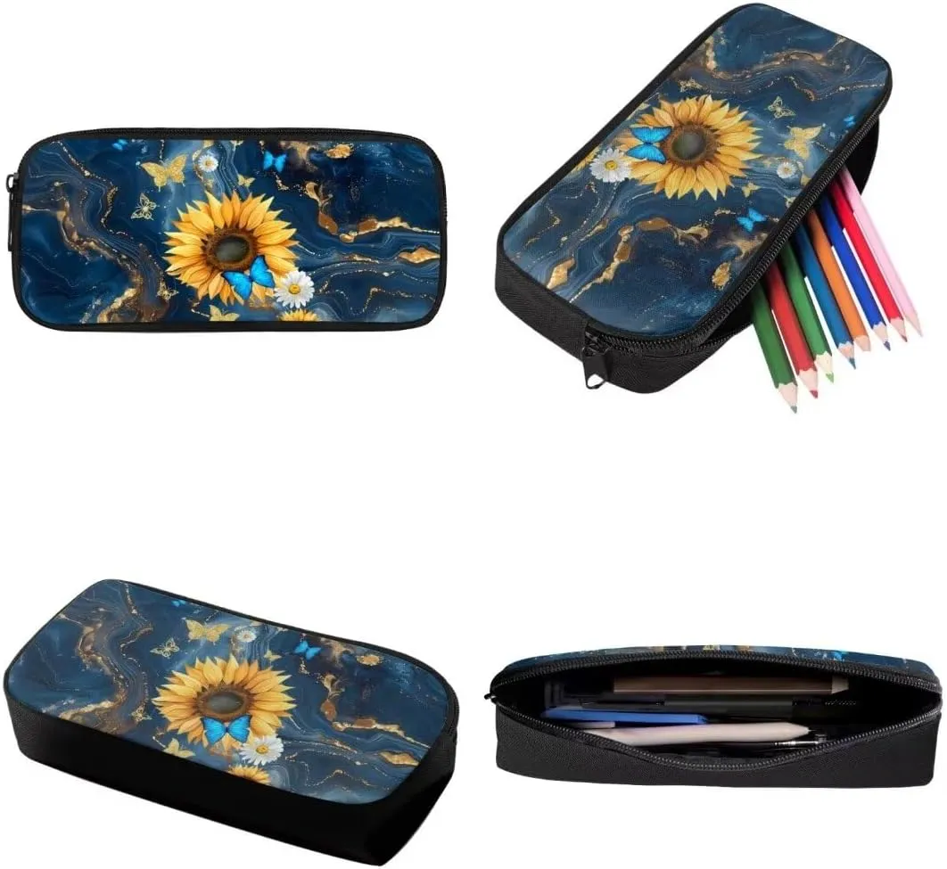 Kids Student Backpack With Lunch Bag And Pencil Case Butterfly Sunflowers Marbling Print Elementary Middle School Book Bag For Boys Girls 3pcs Set