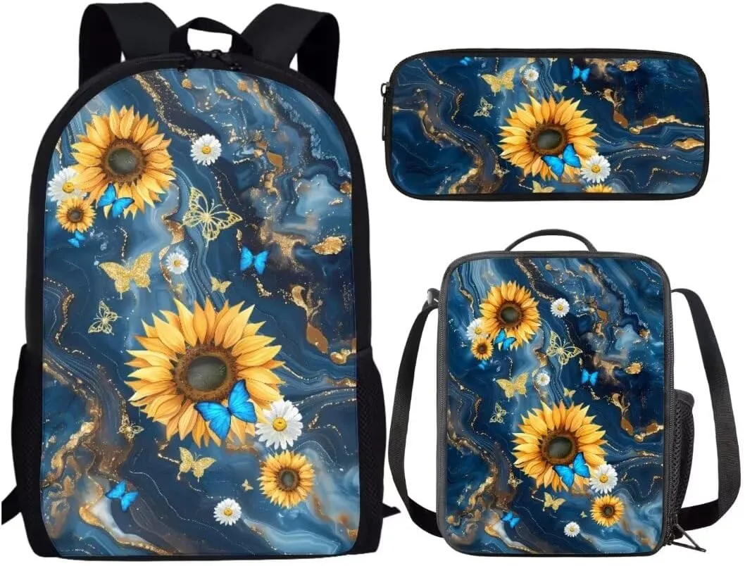 Kids Student Backpack With Lunch Bag And Pencil Case Butterfly Sunflowers Marbling Print Elementary Middle School Book Bag For Boys Girls 3pcs Set